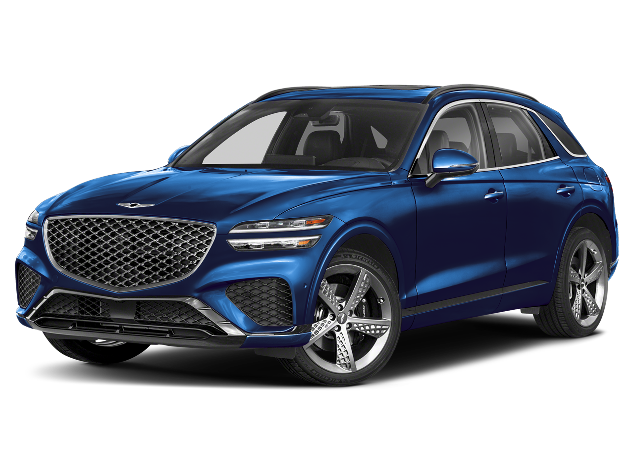 2023 Genesis GV70 3.5T Sport in Adriatic Blue — front three-quarter view